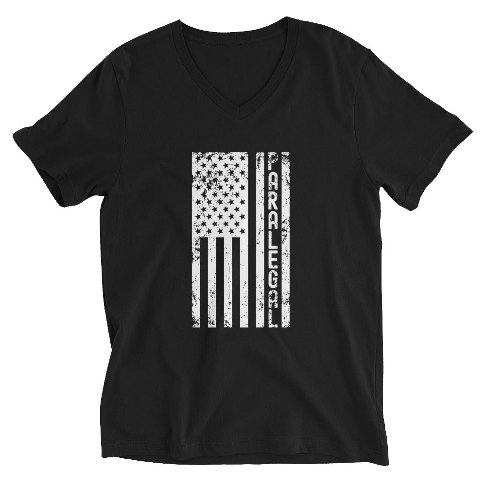 Unisex Short Sleeve V-Neck T-Shirt | Paralegal (deisgn on American flag)