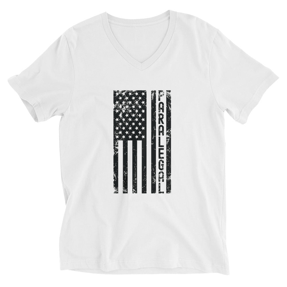 Unisex Short Sleeve V-Neck T-Shirt | Paralegal (deisgn on American flag)